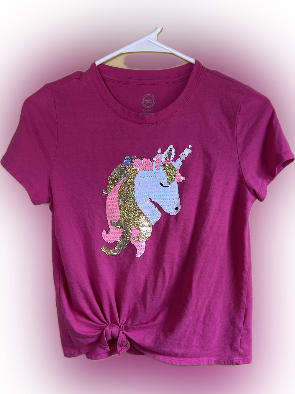 Girls' Fuchsia Sequin Unicorn Faux Knot-Tie Tee